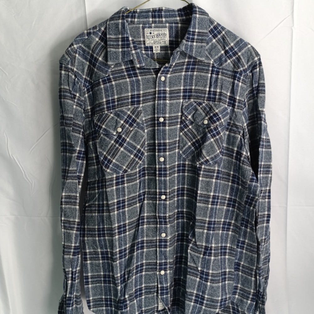 Lucky Brand Mens Medium Blue Plaid Flannel Pearl Snap Western Shirt Long Sleeve